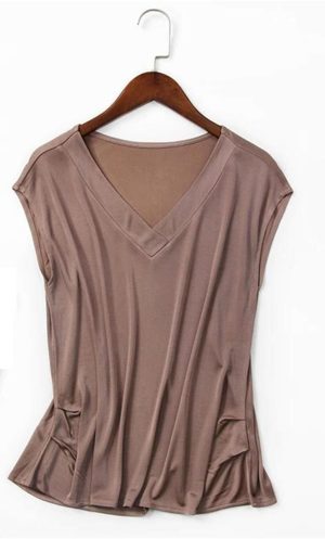 Women's Silk Tee Shirt V-Neck Sleeveless Batwing Pleated Hem Casual Top