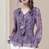 Ladies' Summer Lightweight Chiffon Top Long-Sleeved for Business Trips Soft Top Blouse for Women