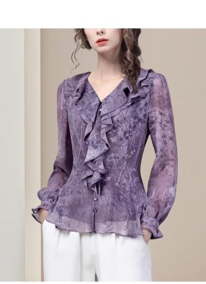 Ladies' Summer Lightweight Chiffon Top Long-Sleeved for Business Trips Soft Top Blouse for Women