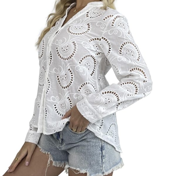 Women's Dressy Causal Tops Long Sleeve V Neck Eyelet Cute Button Down Shirts for Women