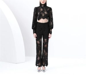 Women's Crochet Lace Set - Lantern Sleeve Top & High Waist Pants Bohemian Outfit