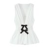 Women Bow‑Trim Deep V‑Neck Vest, Textured Elastic Waist Top