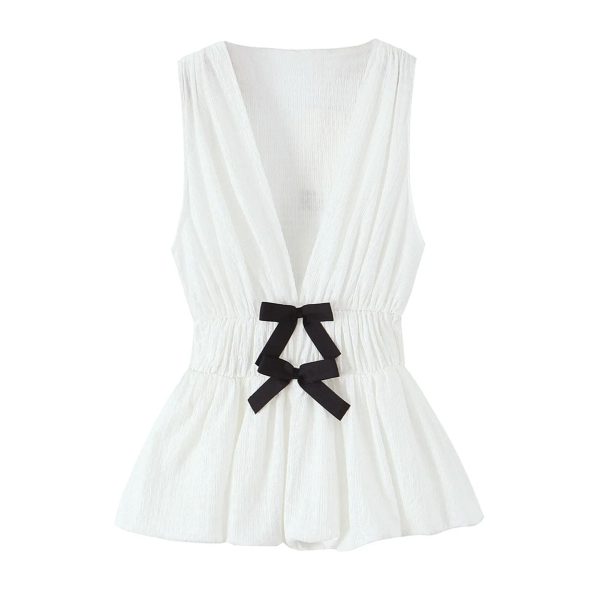 Women Bow‑Trim Deep V‑Neck Vest, Textured Elastic Waist Top