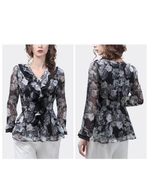 Ladies' Lightweight Chiffon Shirt Long-Sleeved for Summer Work and Travel Printed Top Blouse for Women