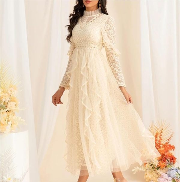 Vintage Inspired Long Sleeve Dress Women's Elegant Stand Collar Lace Long Skirt Gold Polka Dot Casual Flowing Long Gown
