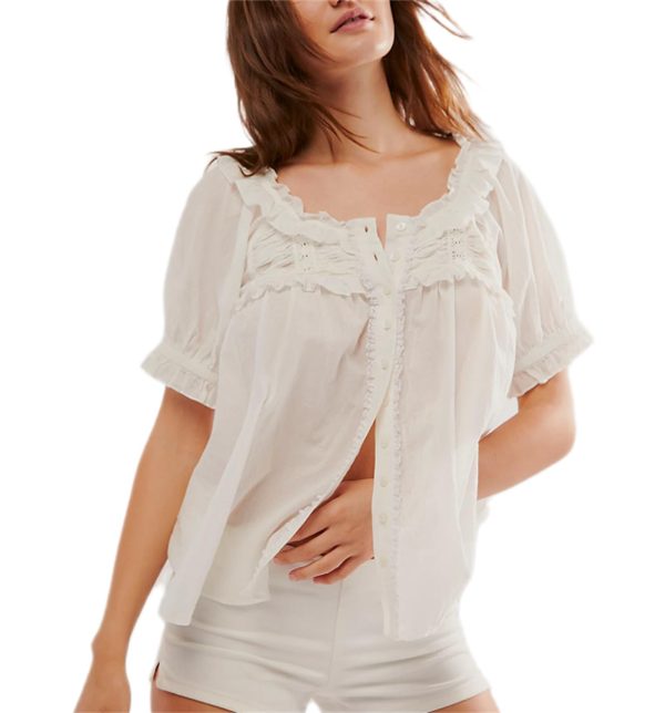 Women Lace Trim Cardigan Shirt Short Sleeve Button Down Ruffle Hem Blouse Summer Boho Tops Y2K Going Out Tops