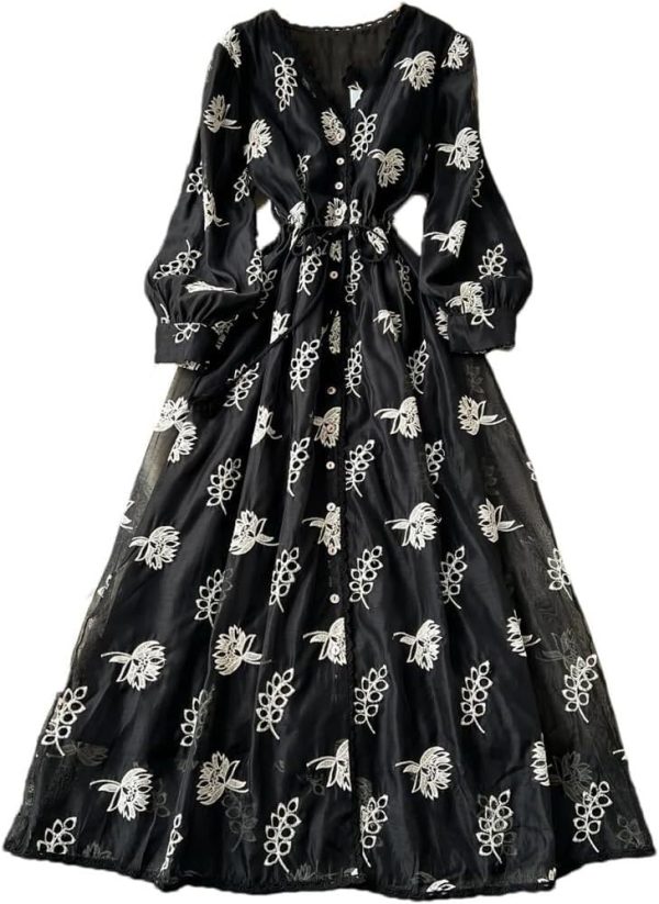 61plCHCQaL.jpg Elegant Vintage Lace Maxi Dresses for Women V Neck Embroidery Loose Fit Beach Holiday Dress with Sash