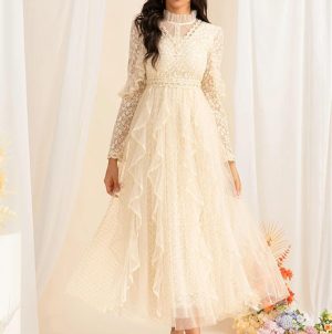 Vintage Inspired Long Sleeve Dress Women's Elegant Stand Collar Lace Long Skirt Gold Polka Dot Casual Flowing Long Gown