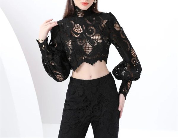 Women's Crochet Lace Set - Lantern Sleeve Top & High Waist Pants Bohemian Outfit