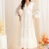 Women's White Hollow Lace Splicing Big Swing Dress Casual Flowy Beach Vacation Maxi Dresses