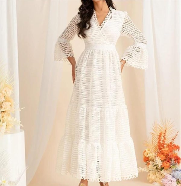 Women's White Hollow Lace Splicing Big Swing Dress Casual Flowy Beach Vacation Maxi Dresses