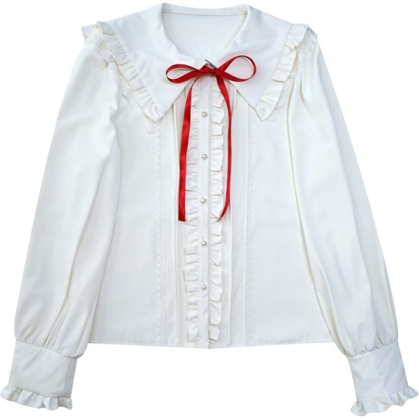 61qmvUIEM0L.jpg Lolita Women Ruffle Sailor Collar Blouse Shirt Kawaii Teen Bow Tie Cat Ears Fashion Button Front Junior Cute Tops