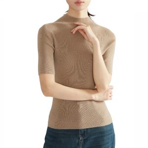 Women Short Sweater Fine Wool O Neck Pullover Vertical Stripe Half Sleeve Knitted Tops