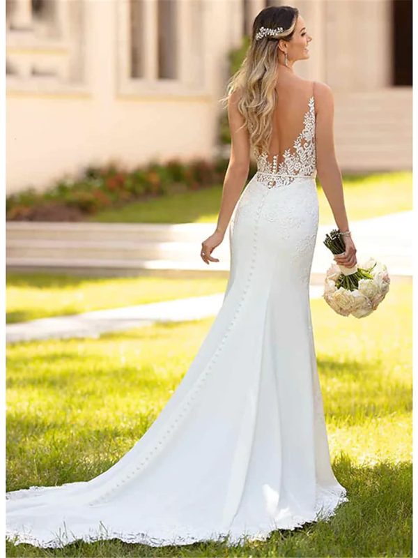 Women's Mermaid Wedding Dresses for Bride 2024 Boho Long Lace Bridal Gowns for Wedding YMSWD01