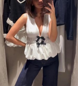 Women Bow‑Trim Deep V‑Neck Vest, Textured Elastic Waist Top