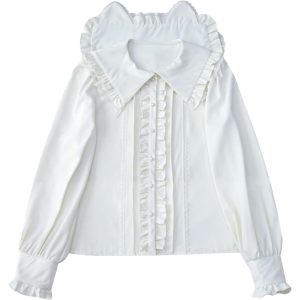 Lolita Women Ruffle Sailor Collar Blouse Shirt Kawaii Teen Bow Tie Cat Ears Fashion Button Front Junior Cute Tops