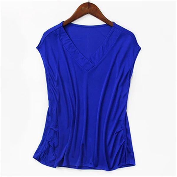 Women's Silk Tee Shirt V-Neck Sleeveless Batwing Pleated Hem Casual Top