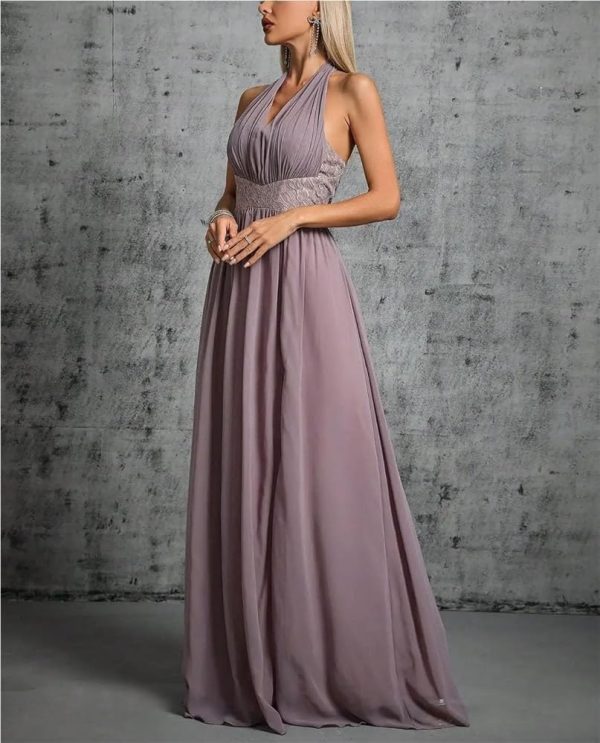 Women Elegant Pleated Strap V-Neck Chiffon Top Lace Split Skirt Evening Dresses Ball Party Dress
