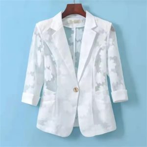 Women slim Jacket Thin Cardigan Clothing Hollow Lace Three-quarter Sleeve Three Quarter Suit Top Ladie