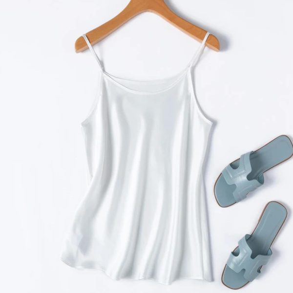 Women’s 100 Percent Mulberry Silk Satin Diagonal Cut Solid Color Sexy Inner Strap Tank Top