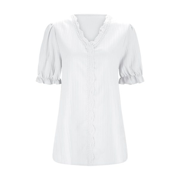 Womens 2025 Lace Shirts Elegant Short Sleeve V Neck Blouses Solid Textured T-Shirt Casual Comfy Outing Tops