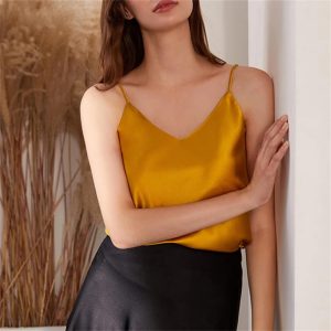 Women’s 90 Percent Mulberry Silk 10 Percent Spandex Camisole V-Neck Sleeveless Tank Top