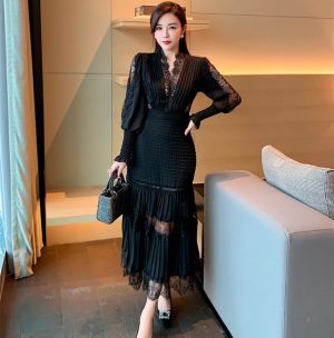 Runway Women Pleated Party Dress Spring V Neck Lantern Sleeve Chiffon Patchwork Lace Bodycon Slim Long Dress