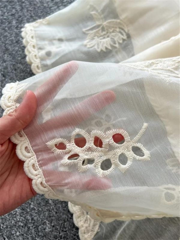 61zPEAws7YL.jpg Elegant Vintage Lace Maxi Dresses for Women V Neck Embroidery Loose Fit Beach Holiday Dress with Sash