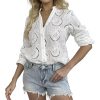 Women's Dressy Causal Tops Long Sleeve V Neck Eyelet Cute Button Down Shirts for Women