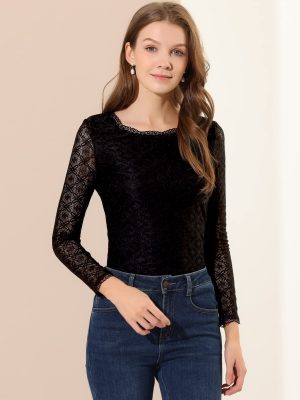 Women's Lace Tops Sheer Dressy Casual Floral Lace Long Sleeve Tops