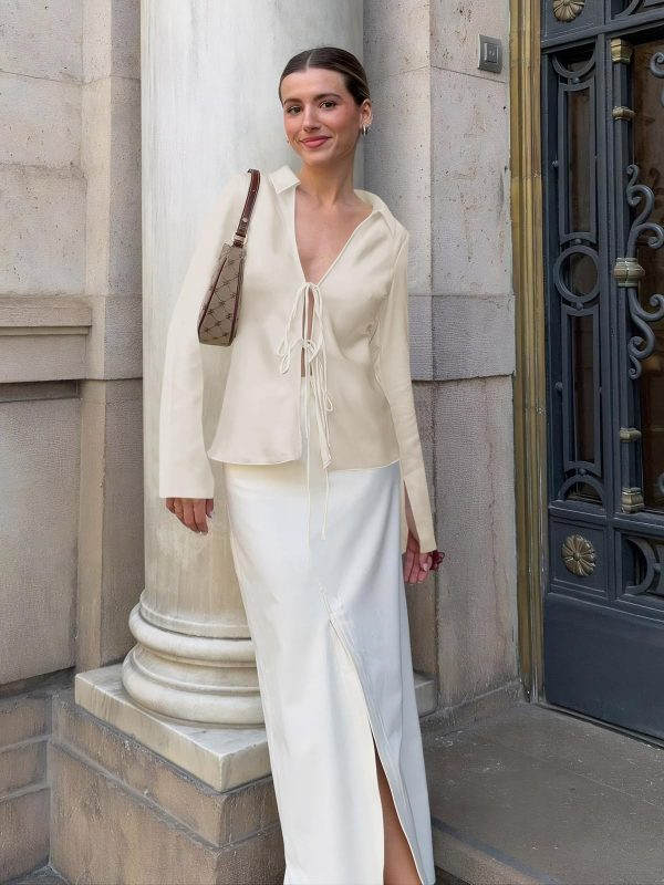 Womens Sexy Tie Front Satin Shirts Deep V Neck Silk Club Tops Long Sleeve Y2k Going Out Blouse