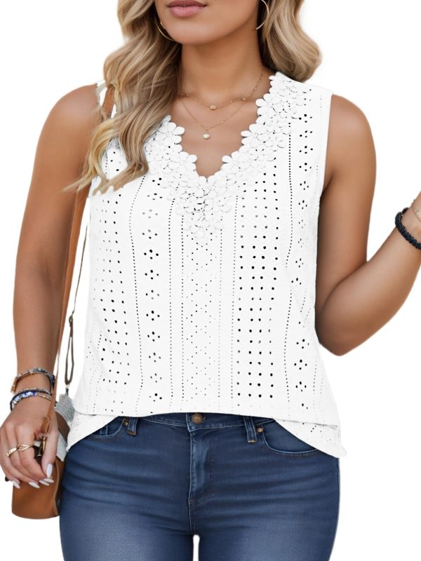 Womens-Plus-Size-Tank-Tops Summer Floral Lace Trim V Neck Shirts Casual Sleeveless Blouses Cute Eyelet Tunics XL-5XL