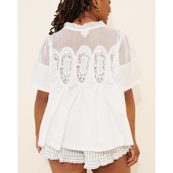 Women's Elegant Babydoll Style Lace Shirt Flared Swing Top with Sheer Mesh Lace Back Tunic Top