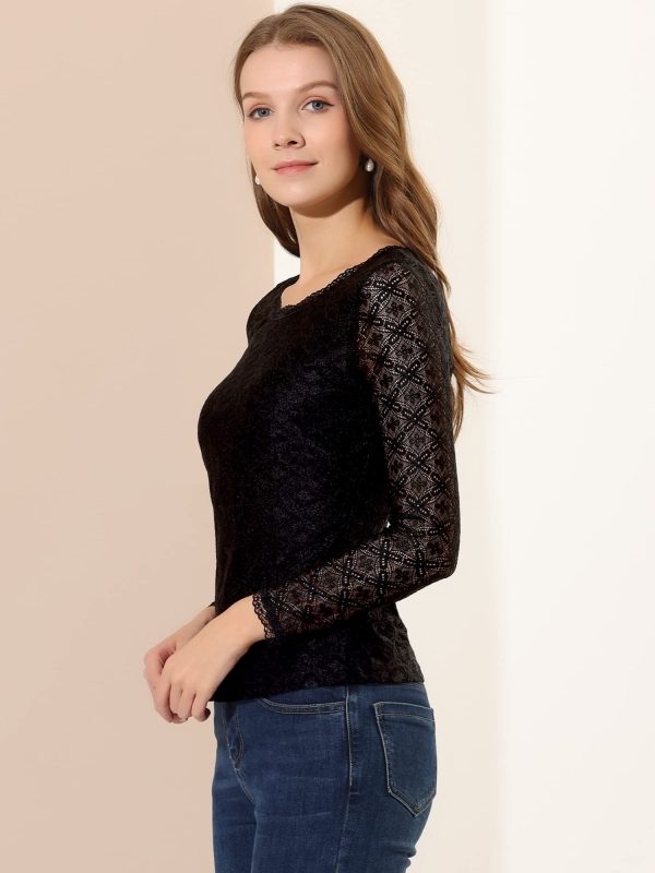 Women's Lace Tops Sheer Dressy Casual Floral Lace Long Sleeve Tops