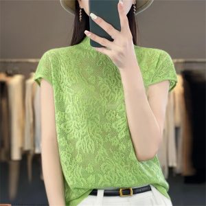 Lace Cashmere Short Sleeve Knit Pullover Thin Breathable Sweater Top