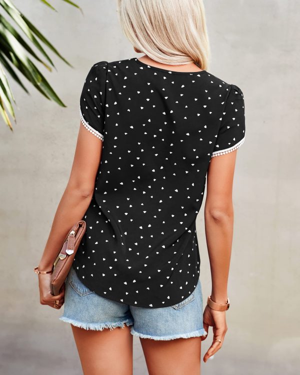 Women's Shirts Summer Casual Crewneck Lace Crochet Short Sleeve Blouses Cute Floral Print Loose Tunic Tops