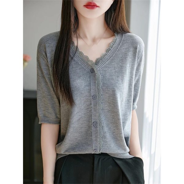 Women's Thin Fine Spun Wool T-Shirt Lace V-Neck Cardigan T-Shirt Knit Solid Color Clothes Fashion Casual