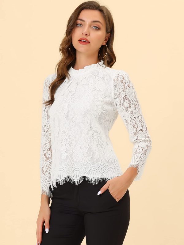 Women's Lace Top Long Sleeve Ruffle Neck Floral Blouse