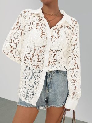Women's Lace Long Sleeve Tops Dressy Casual Blouse Button Down Sheer Elegant Summer Shirts
