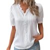 Womens 2025 Lace Shirts Elegant Short Sleeve V Neck Blouses Solid Textured T-Shirt Casual Comfy Outing Tops