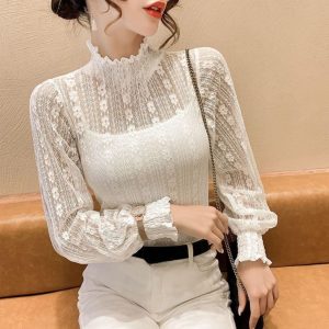 Lace Tops for Women Long Sleeve Mock Neck Sheer Blouse See Through Floral Lace Tops