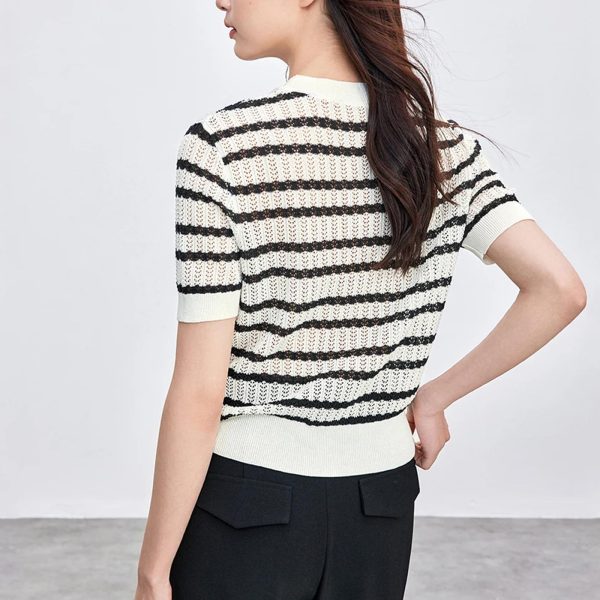 Women Short Sweater Striped Knit Pullover Loose Fit Contrast O Neck Knitted Tops