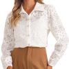 Women's Elegant Eyelet Top Casual Work Long Sleeve Hallow Out Lace Sheer Button Down Shirt