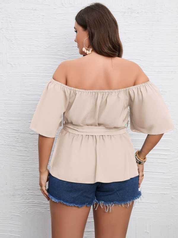 Women's Plus Size Off The Shoulder Peplum Blouse Top Half Bell Sleeve Tie Waist Ruffle Hem Babydoll Tops