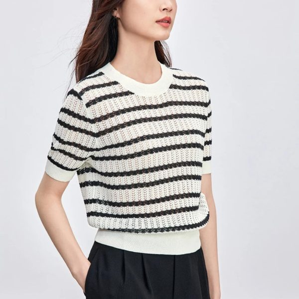 Women Short Sweater Striped Knit Pullover Loose Fit Contrast O Neck Knitted Tops