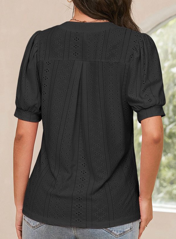 Womens Summer Business Casual Blouses V Neck Short Sleeve Shirts Hollow Out Cute Lace Tops