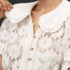 Women's Peter Pan Collar Neck Lace Trim Blouse Puffed Short Sleeves Tee Shirt Button Front Eyelet Tops with Pocket