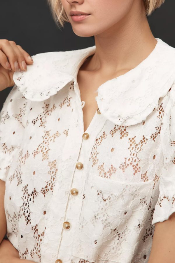 Women's Peter Pan Collar Neck Lace Trim Blouse Puffed Short Sleeves Tee Shirt Button Front Eyelet Tops with Pocket