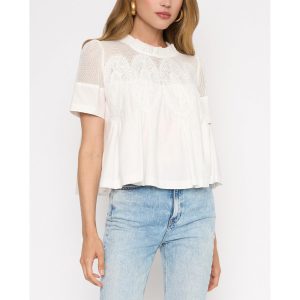 Women's Elegant Babydoll Style Lace Shirt Flared Swing Top with Sheer Mesh Lace Back Tunic Top