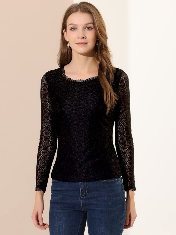 Women's Lace Tops Sheer Dressy Casual Floral Lace Long Sleeve Tops